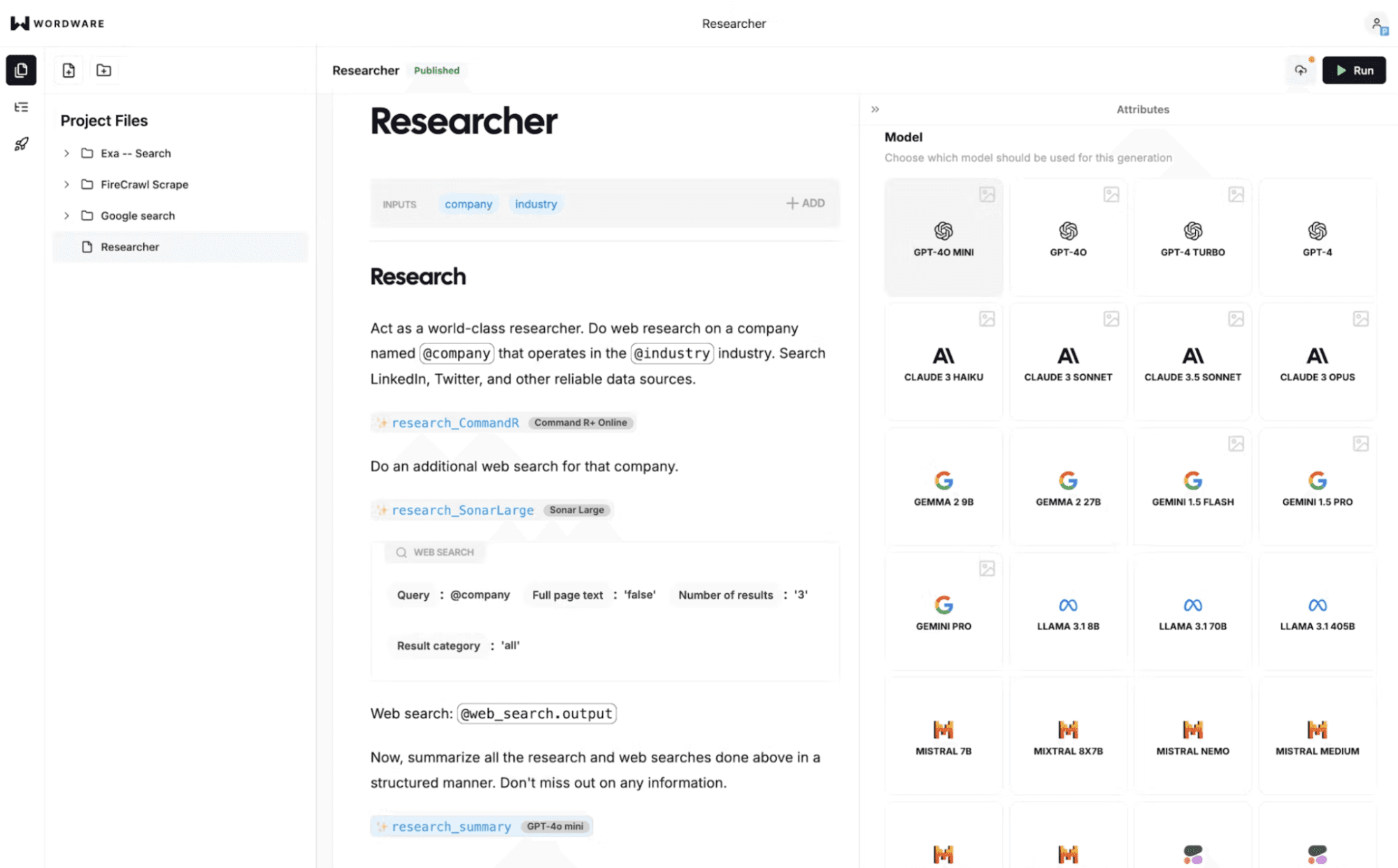 wordware-researcher-ai-model-selection-interface